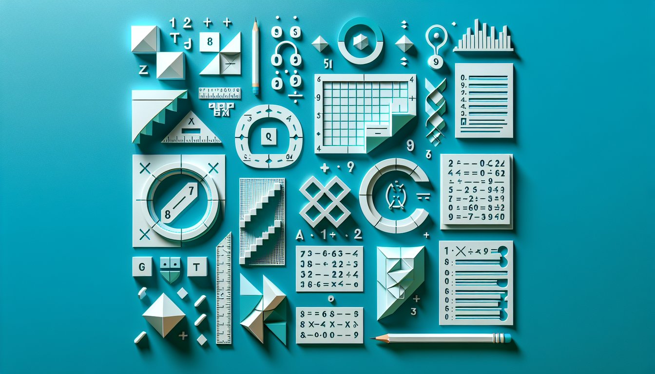 Paper art design of numbers and geometric shapes spiraling on teal background representing sequences and series quiz