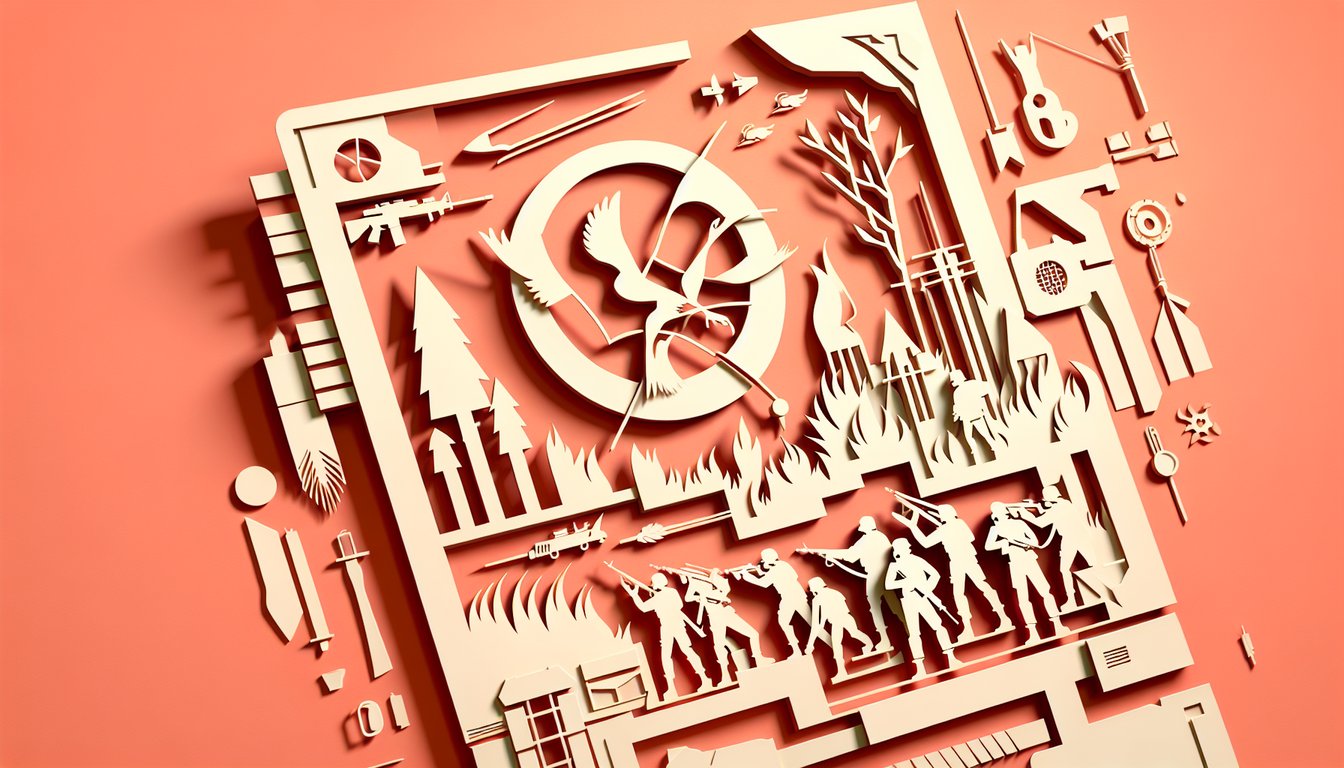 Paper art illustration of three District heroes Katniss Peeta and Gale on coral background for free personality quiz