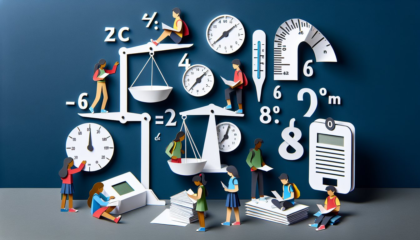 Colorful paper art promoting a Metric and Imperial units conversion quiz for middle school students.