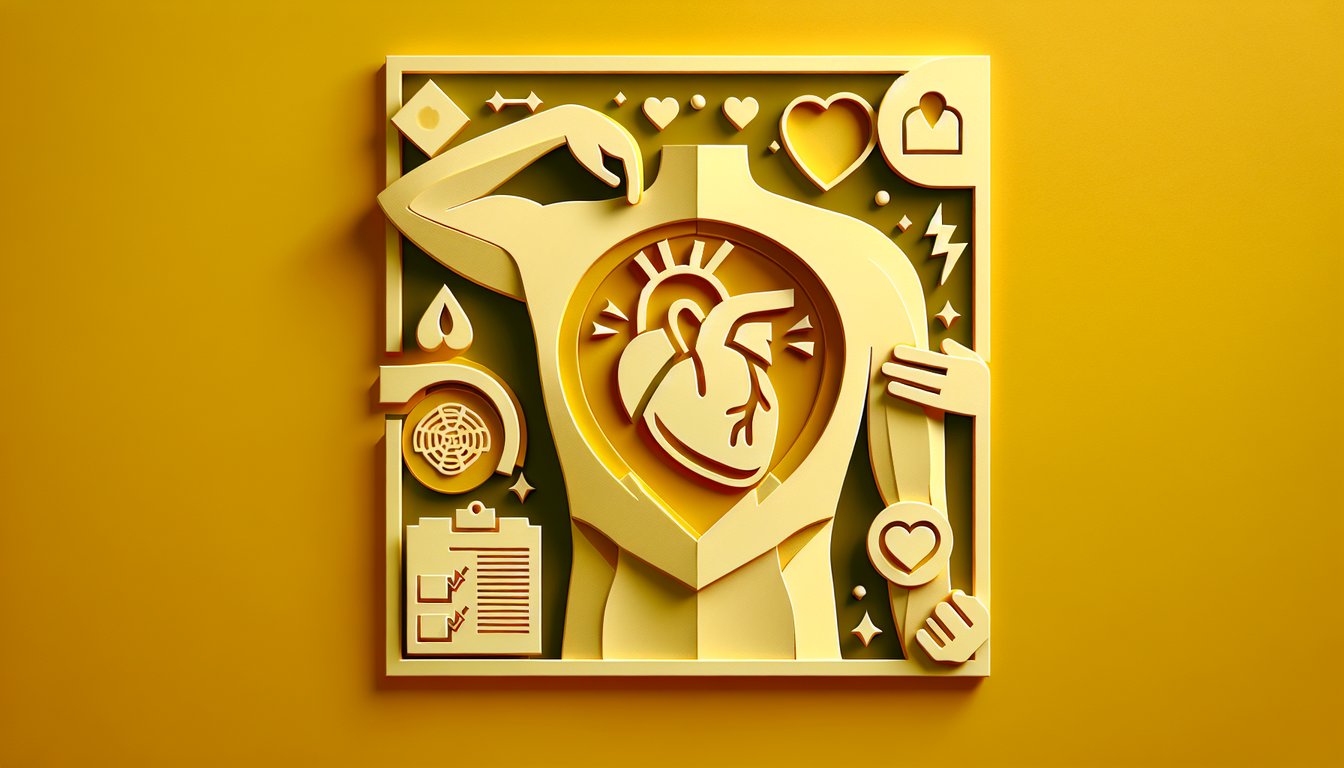 Paper art style heart with chest arm jaw pain icons on golden yellow background for heart attack warning signs quiz