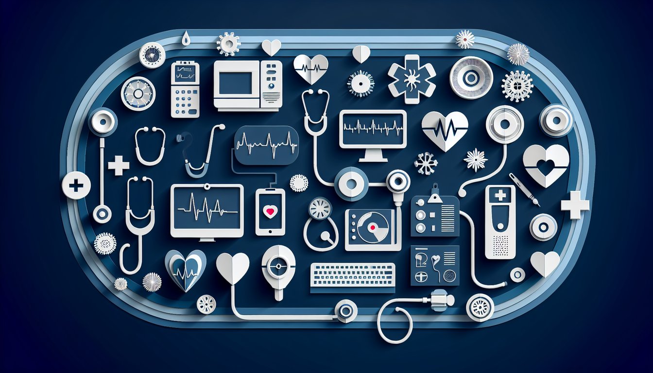 Colorful paper art depicting a medical equipment management knowledge test quiz.