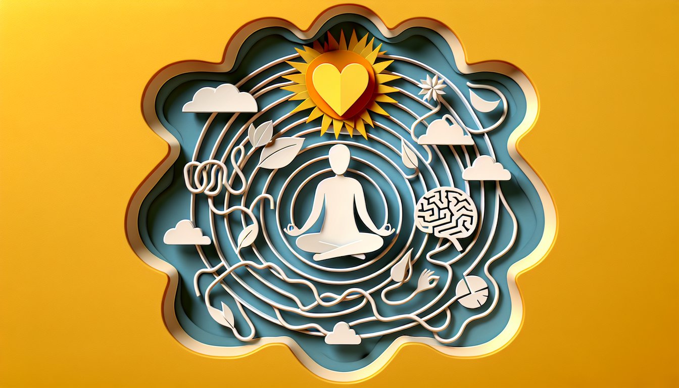 Paper art illustration showing emotional events causing stress and positive coping symbols on golden yellow background