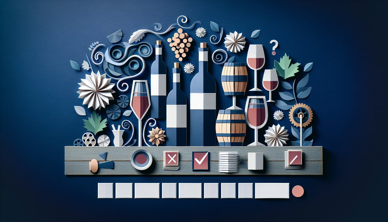 Colorful paper art depicting elements related to Wine and Spirits Knowledge Assessment Quiz