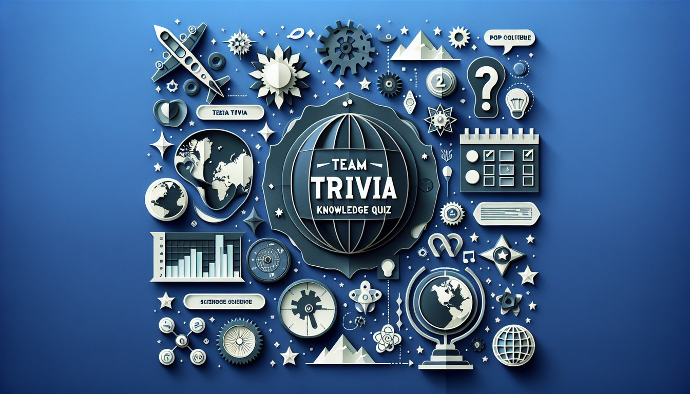 Colorful paper art promoting a Team Trivia Knowledge Quiz