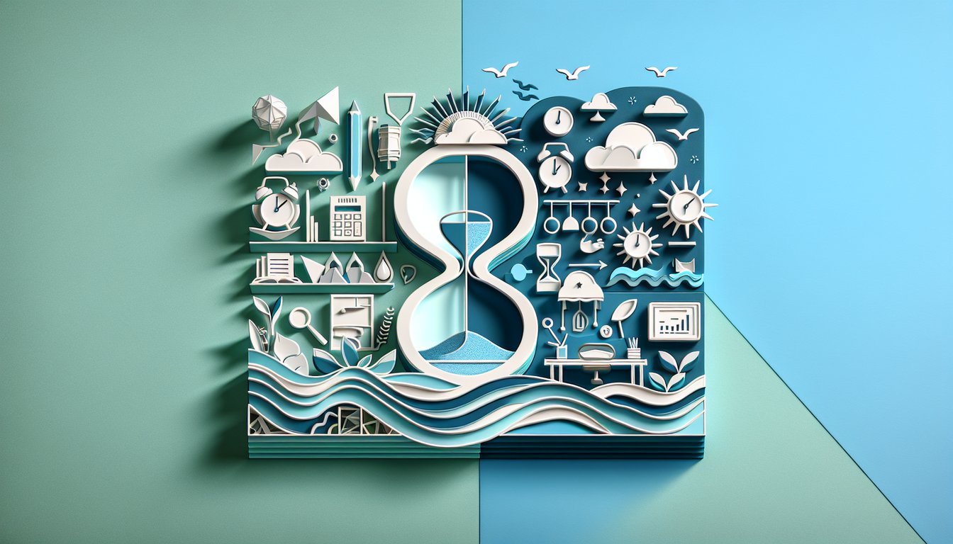 Paper cut style clocks and calendar icons on teal background representing structured versus flexible time management quiz.