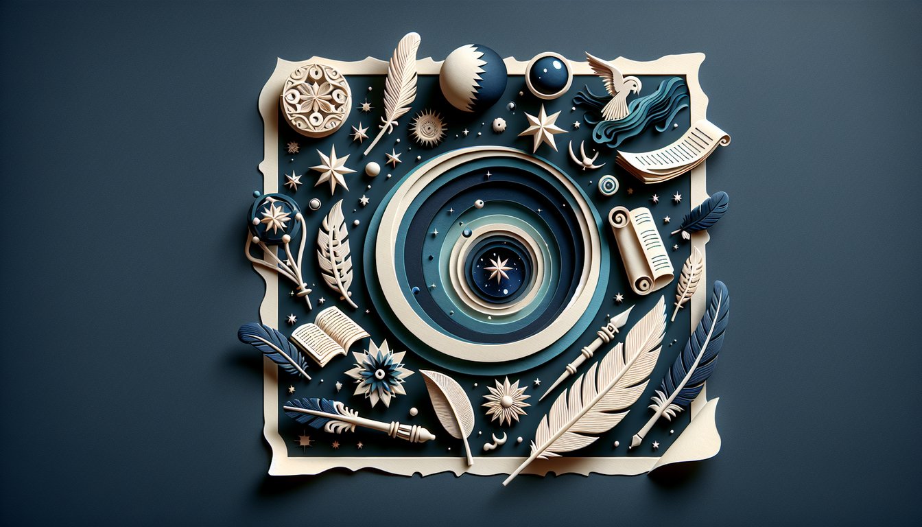 Paper art quill pen open book floating above layered cosmic shapes on dark blue background for metaphysical poetry quiz