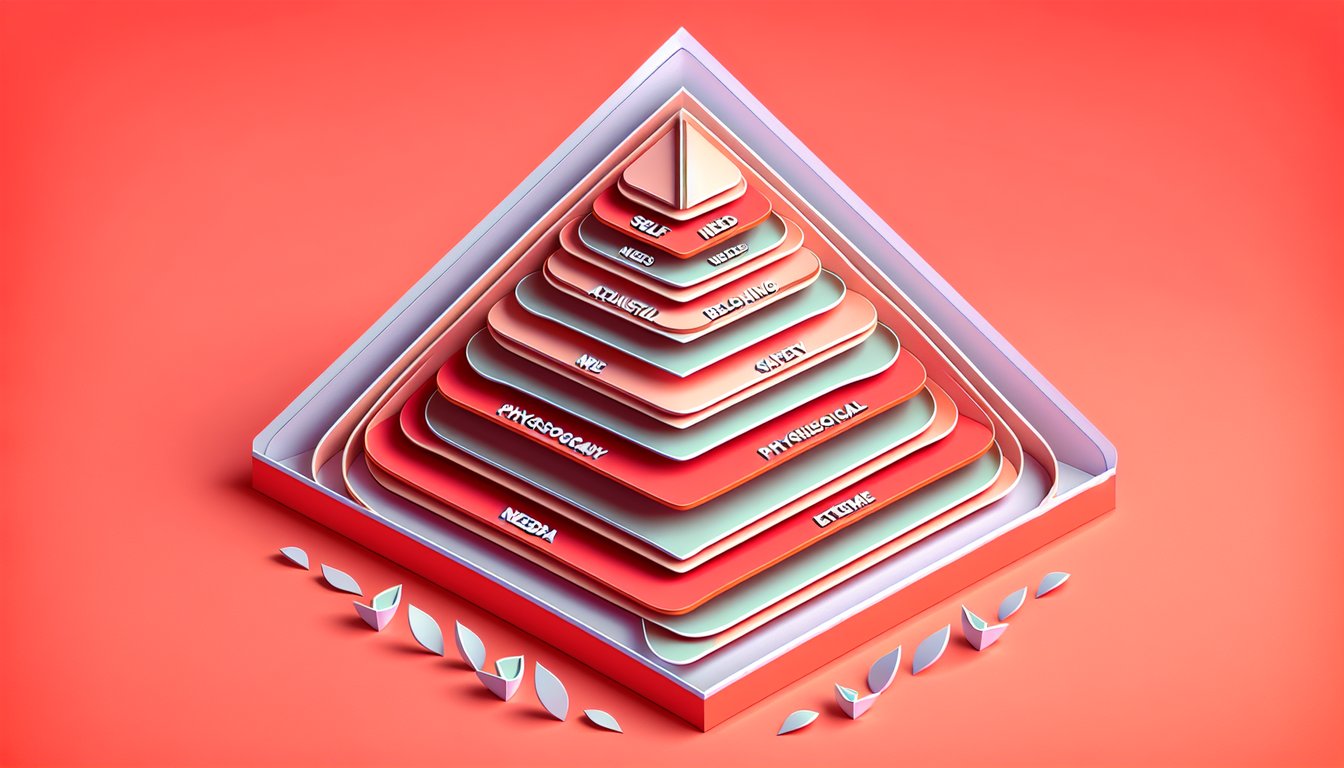 Paper art illustration of Maslows hierarchy of needs pyramid for a quiz on a coral background
