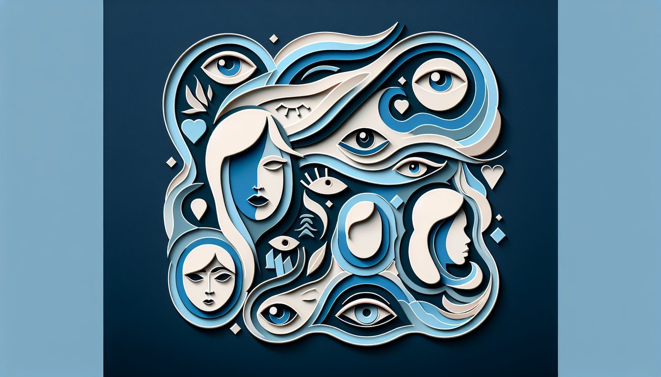 Paper art illustration of layered female profiles showing eye shape nose lips hair facial outlines on dark blue background
