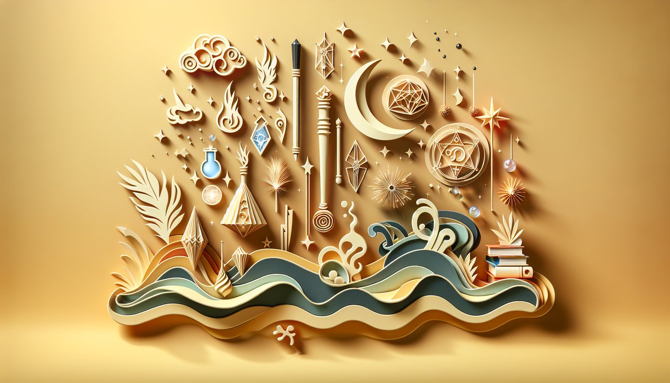Paper art illustration for a magic quiz on a golden yellow background