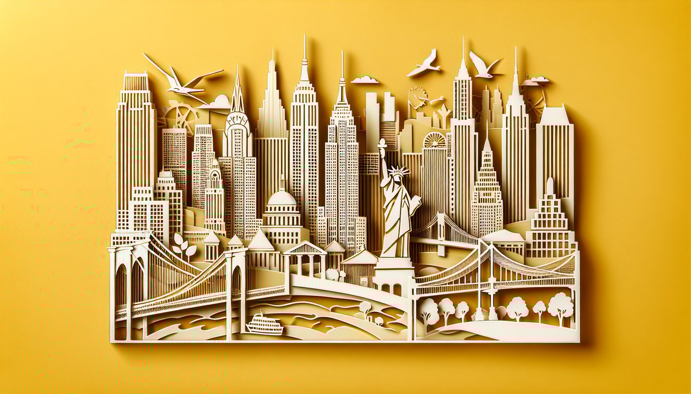 Paper art cutouts of New York landmarks including Statue of Liberty and Empire State Building on golden yellow background