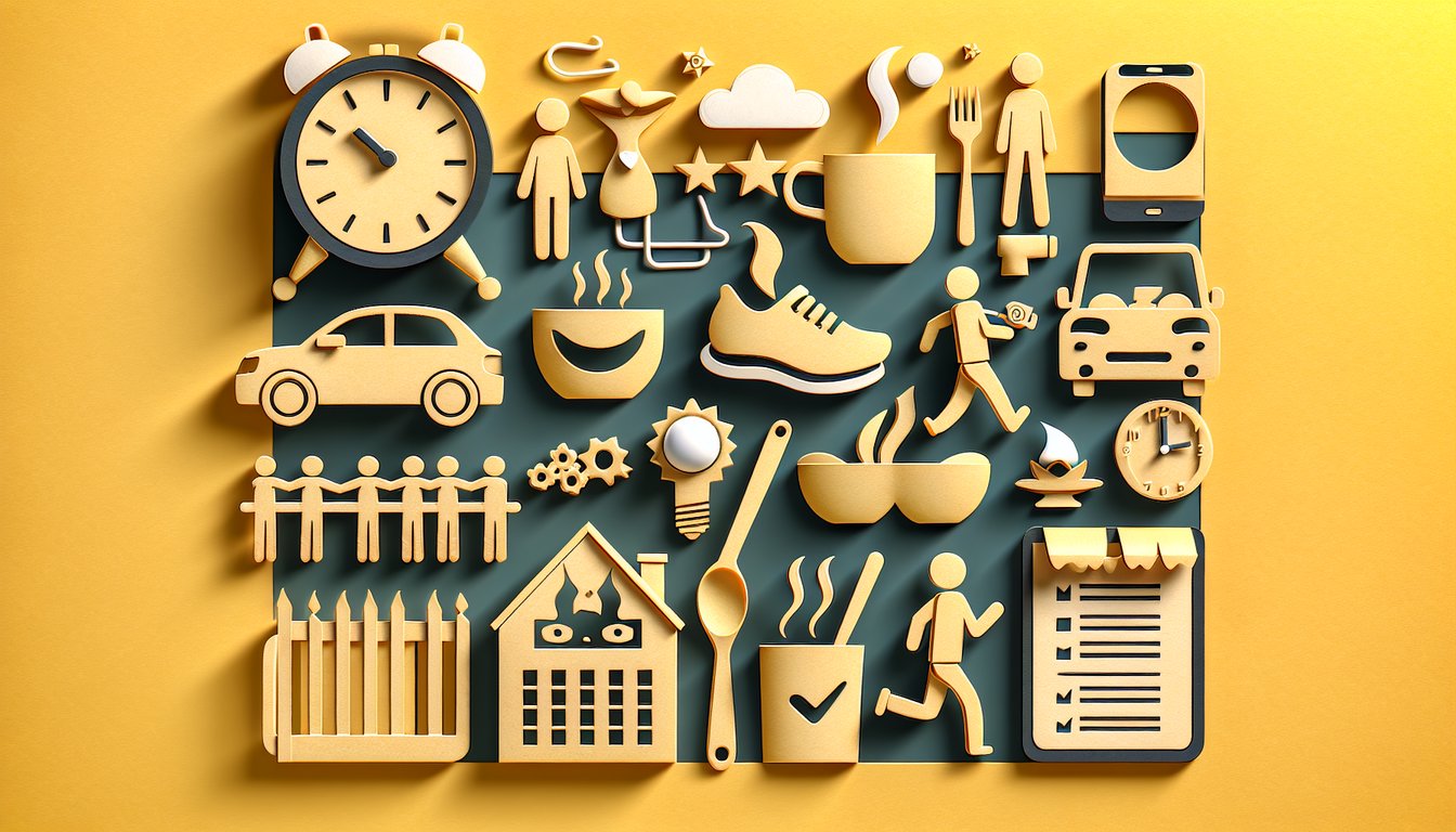 Paper art illustration of Realidades 2 Capitulo 2A vocab quiz and daily routine silhouettes on golden yellow background.