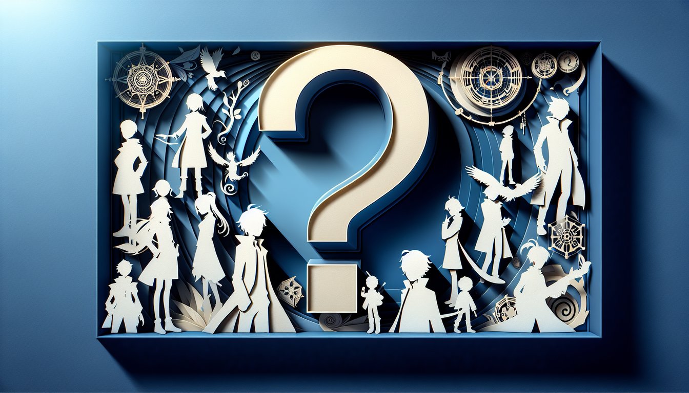 Paper art illustration featuring stylized Tsubasa Chronicle heroes with quiz symbols on dark blue background