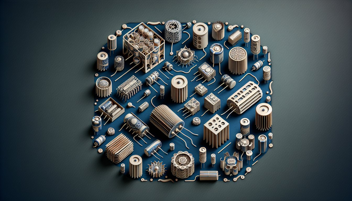 Paper art illustration of capacitors and circuit symbols on a dark blue background for a capacitance quiz