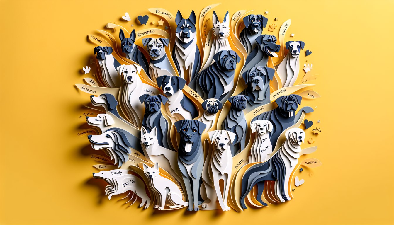 Colorful paper-cut style dog illustrations and quiz title on golden yellow background