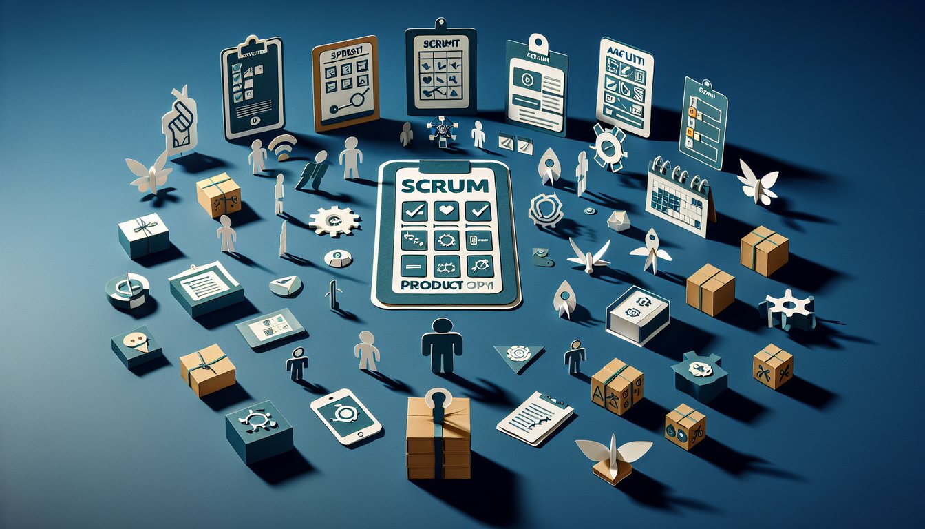 Colorful paper art displaying questions for Scrum Product Owner Knowledge Test quiz.