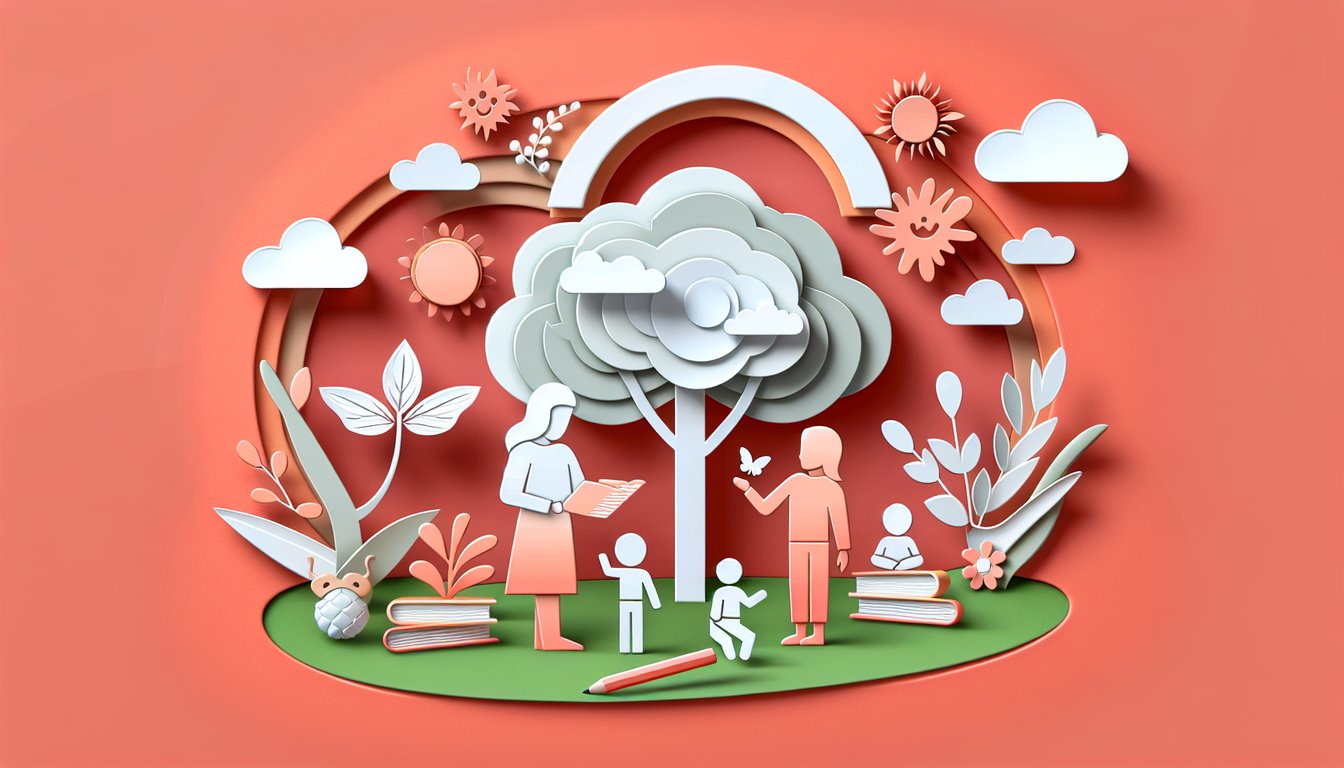 Paper art illustration for a child counseling quiz on a coral background