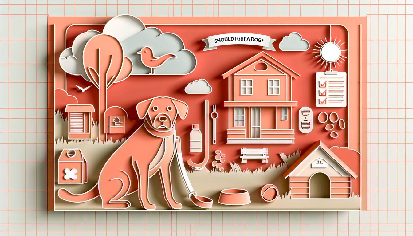 Paper art illustration for dog ownership readiness quiz on a coral background.