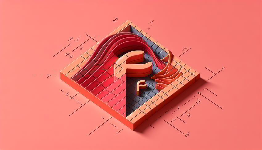 Paper art illustration of function notation quiz, with graphs equations domain composite functions on coral background