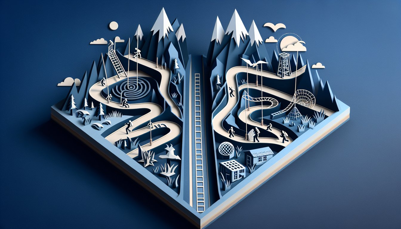 Paper cutout question marks and branching paths symbolizing tough would you rather choices on dark blue background