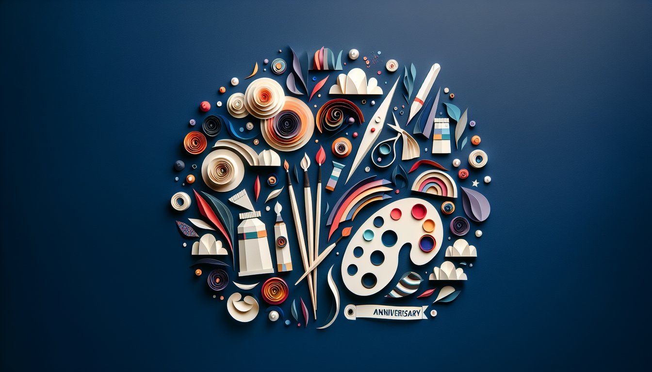 Colorful paper art promoting an Arts Center Anniversary Trivia Quiz.