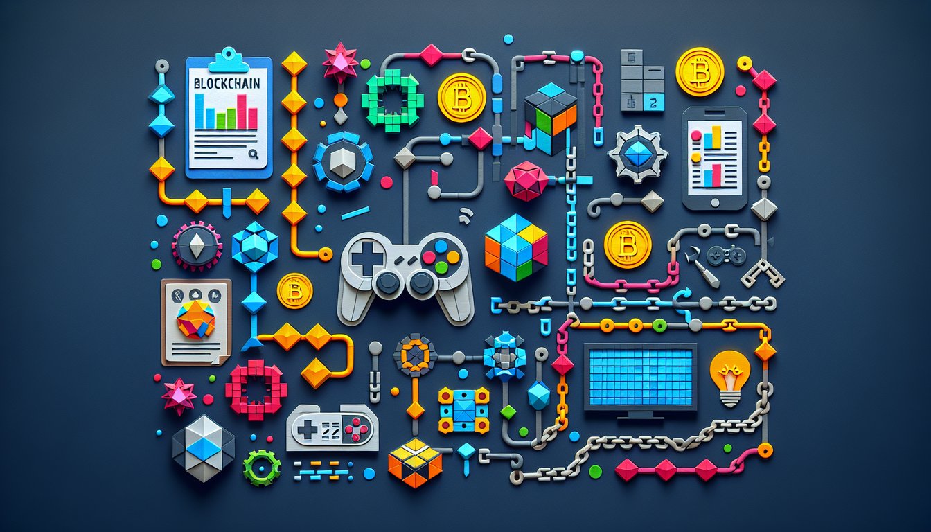 Colorful paper art illustrating a trivia quiz on Blockchain Gaming Knowledge