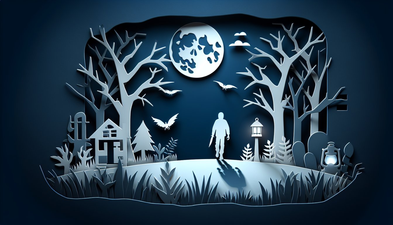 Paper art illustration of Jason Voorhees hockey mask and machete on dark blue background for Friday 13th quiz challenge