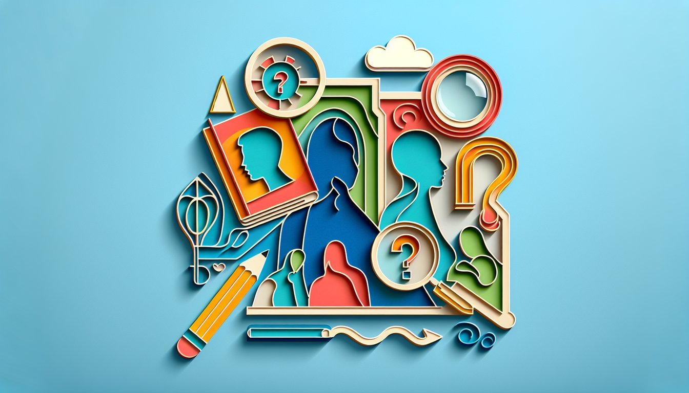 Paper art open book floating on sky blue background with question marks and character silhouettes