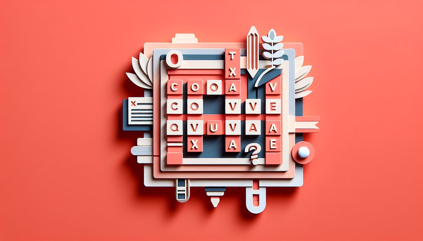 Paper art style crossword grid and scattered letter tiles on coral background evoking fun trivia for a vocabulary quiz.