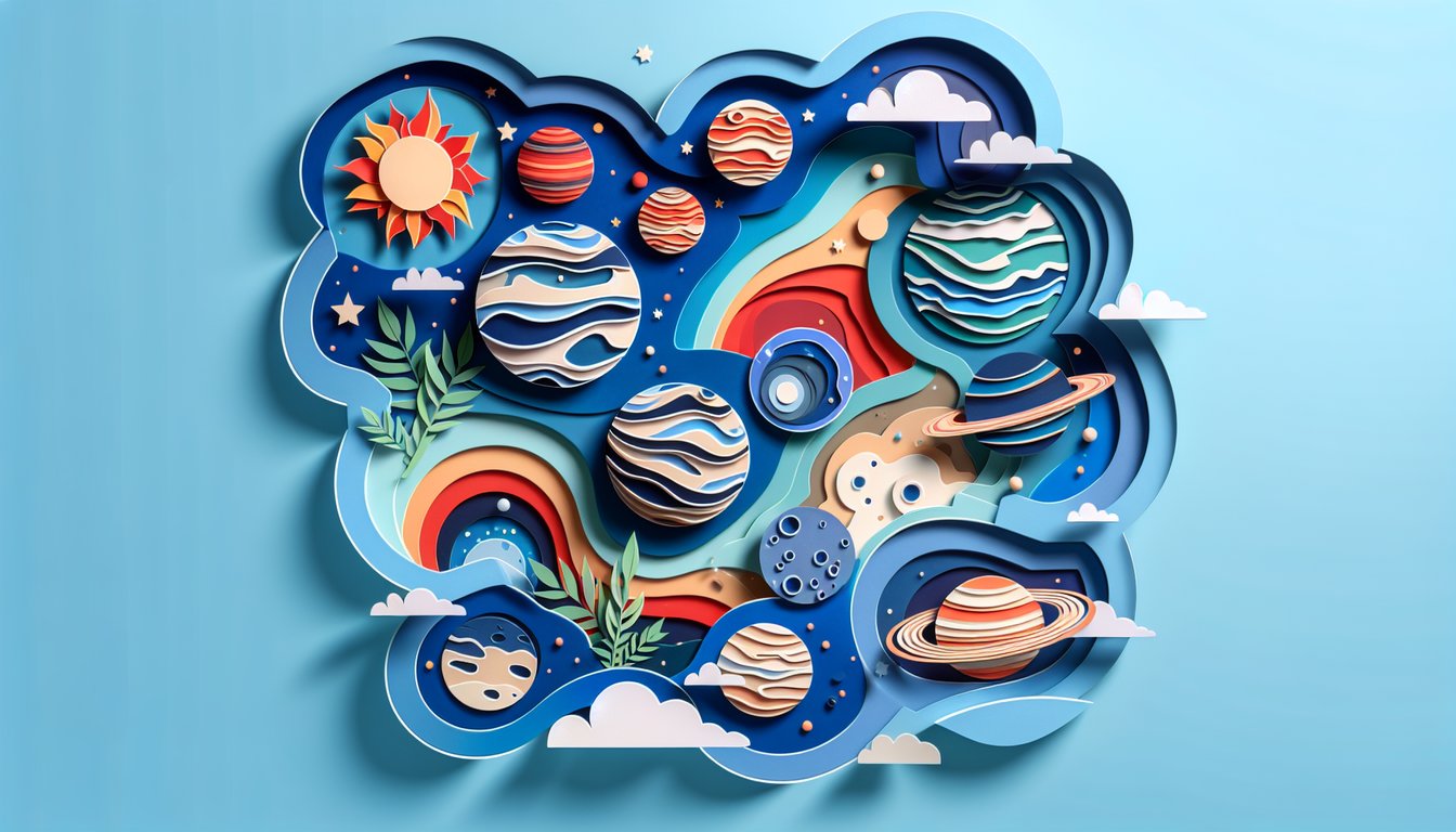 paper art illustration of planets stars clouds and cosmic shapes over sky blue background for a planet personality quiz