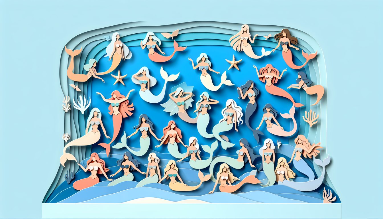 paper art mermaid tail shells coral waves on sky blue background mermaid personality quiz invitation