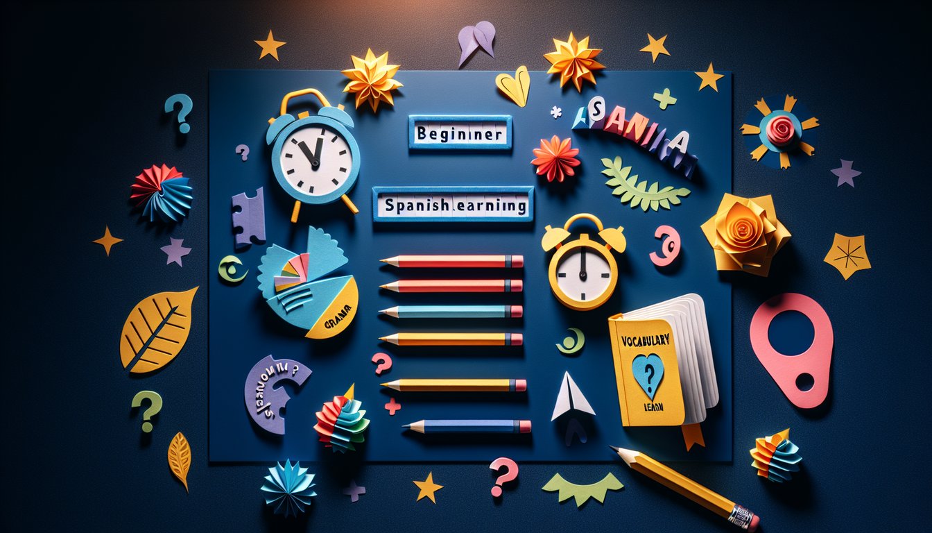 Paper art depicting a trivia quiz for beginner Spanish learners to test vocabulary and grammar skills