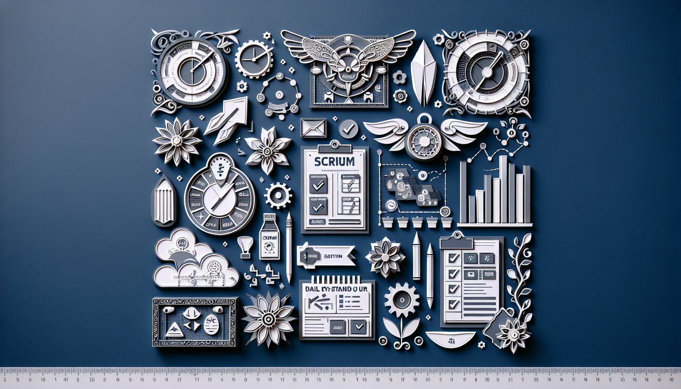 Colorful paper art depicting elements related to Scrum Knowledge Assessment Quiz.