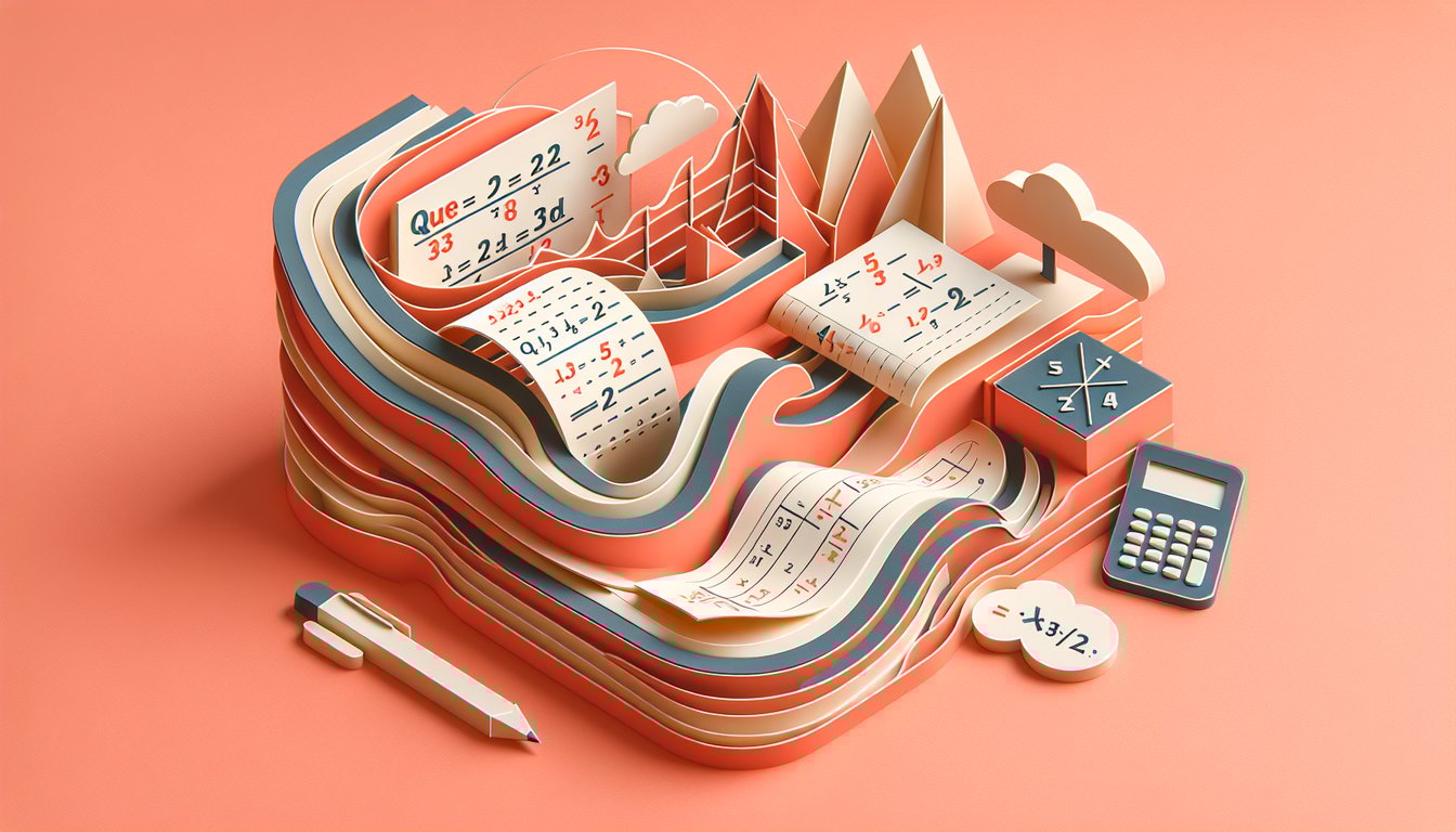 Paper art illustration of Algebra 2 Section 1.3 and 1.4 quiz on coral background with lined spaces for answers