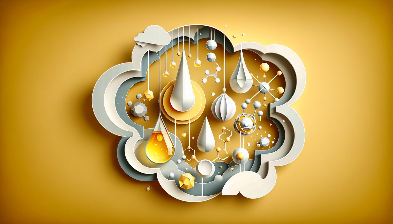 Paper art chemistry solids liquids gases quiz symbols beaker droplet crystal shapes on golden yellow background