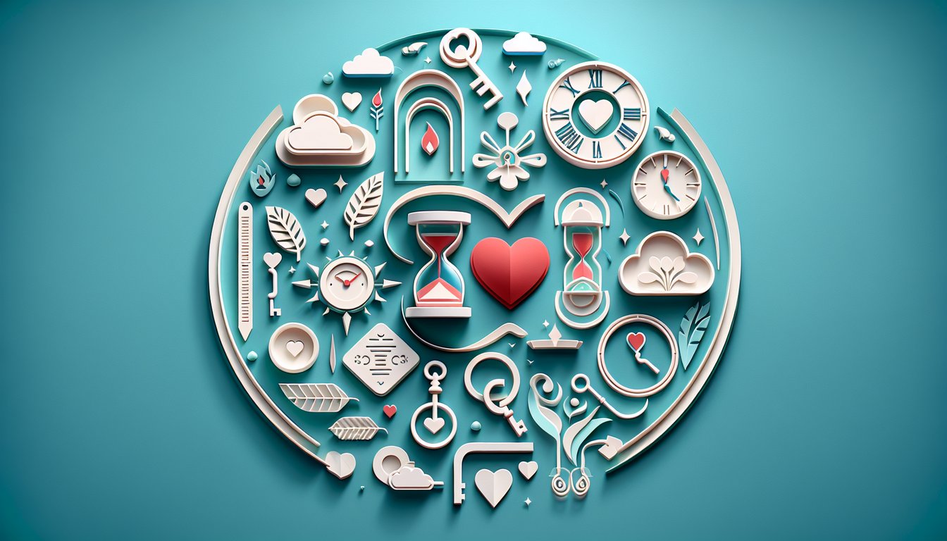 Paper art hearts and couple silhouette on teal background for quiz about love age and soulmate timing