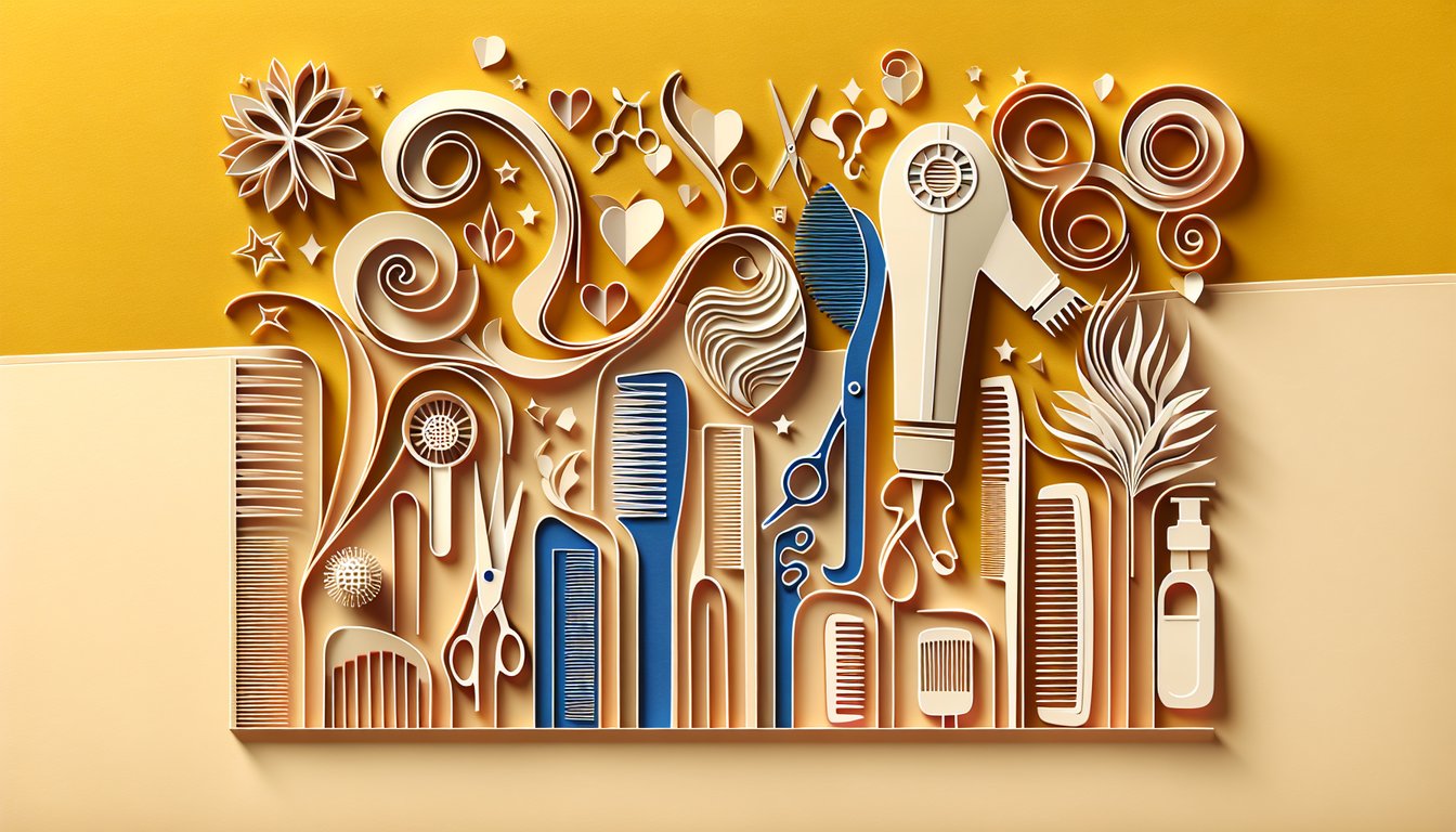 Paper art illustration shows scissors comb wavy hair shapes on golden yellow background for a hair quiz