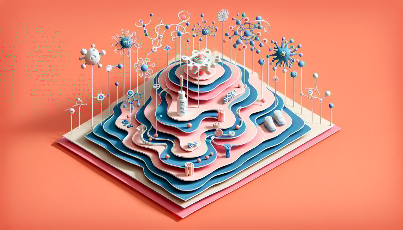 paper art neuromuscular junction with missing acetylcholine, question marks for myasthenia gravis quiz on coral background
