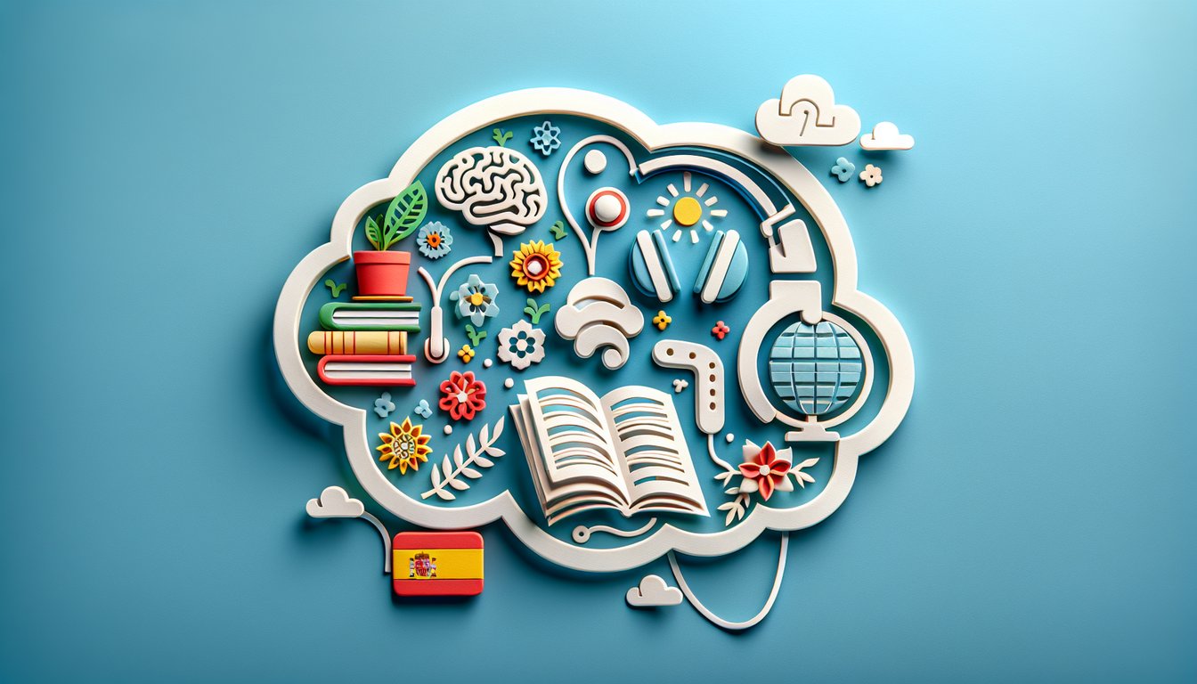 Paper art illustration for Spanish possessive adjectives quiz on a sky blue background