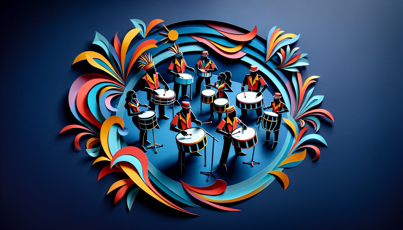 3D voxel art showcasing a vibrant Steel Band course with various musical instruments