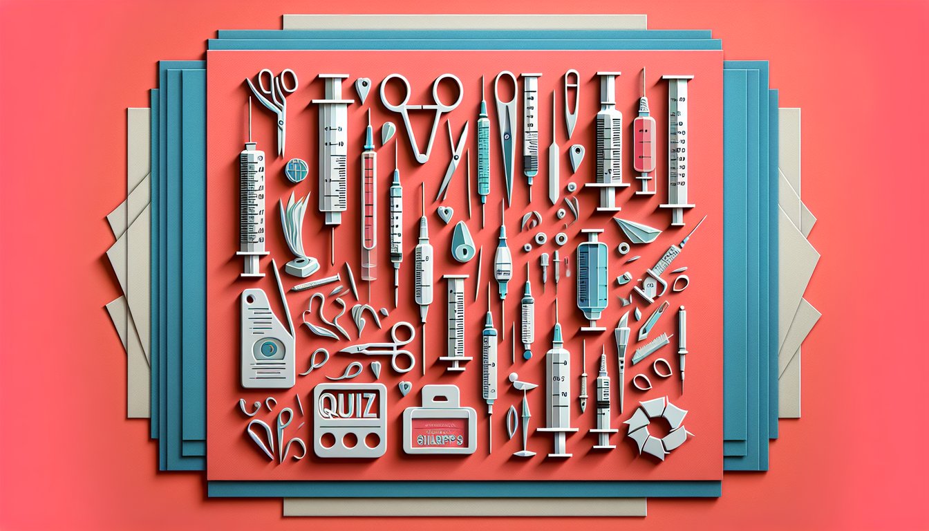 Paper art illustration for sharps safety knowledge quiz on a coral background