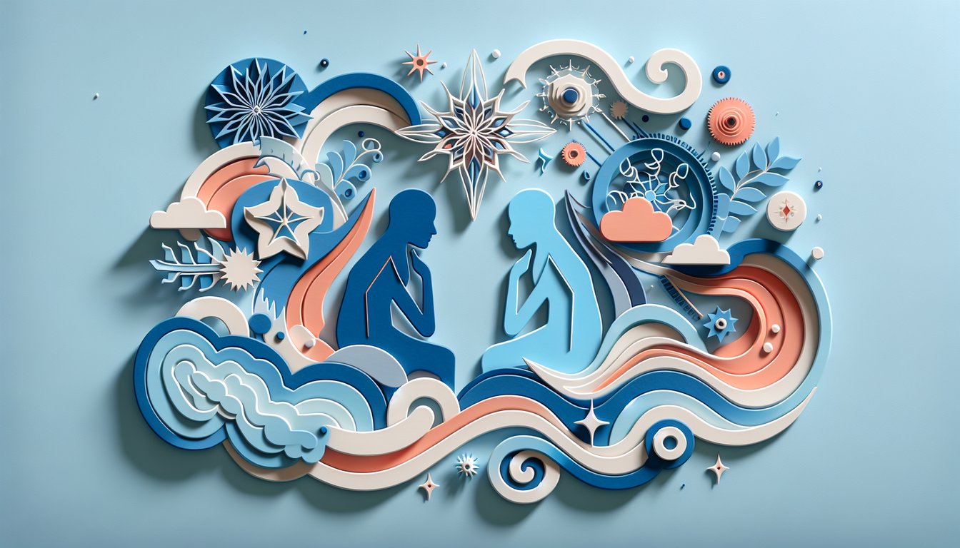 Paper art illustration showing hearts, puzzle pieces on sky blue background for INFJ relationship compatibility quiz