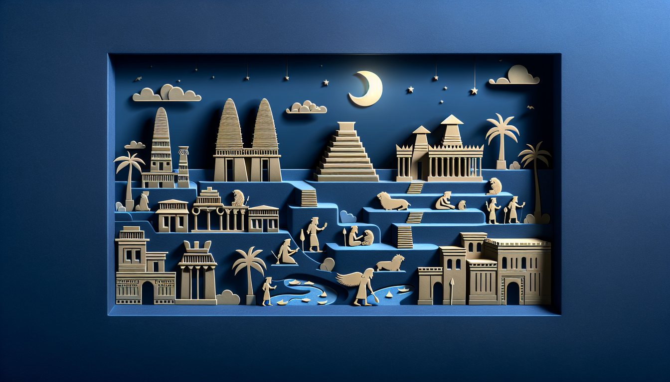 Paper art illustration of a ziggurat, cuneiform tablet, stylized Sumerian figures and city walls on a dark blue background