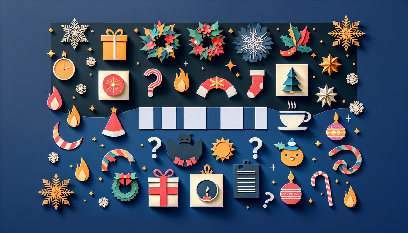 Colorful paper art depicting various seasonal holiday symbols for a trivia quiz
