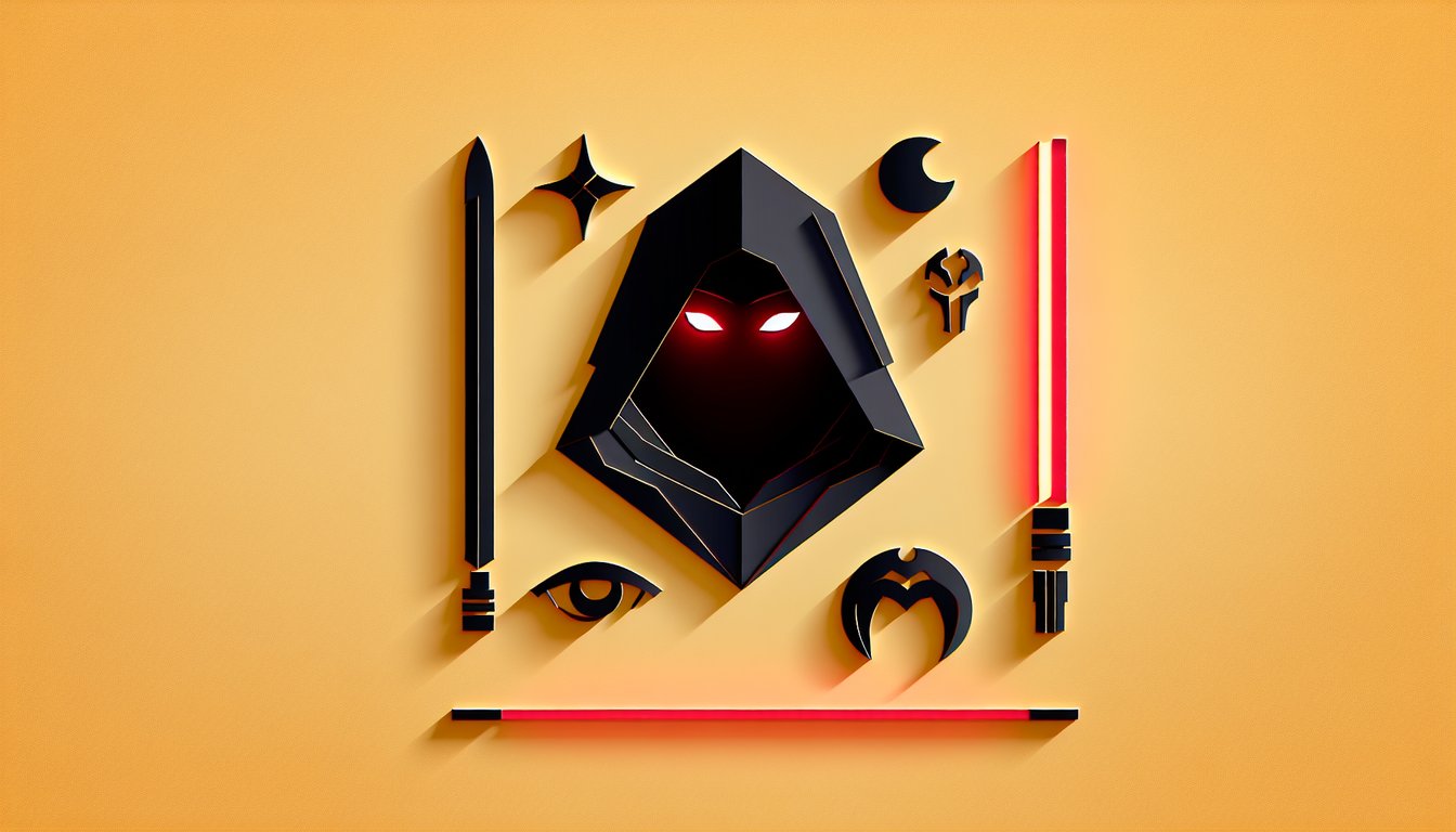 Paper art illustration of a hooded Sith figure holding a glowing red lightsaber and quiz text on golden yellow background