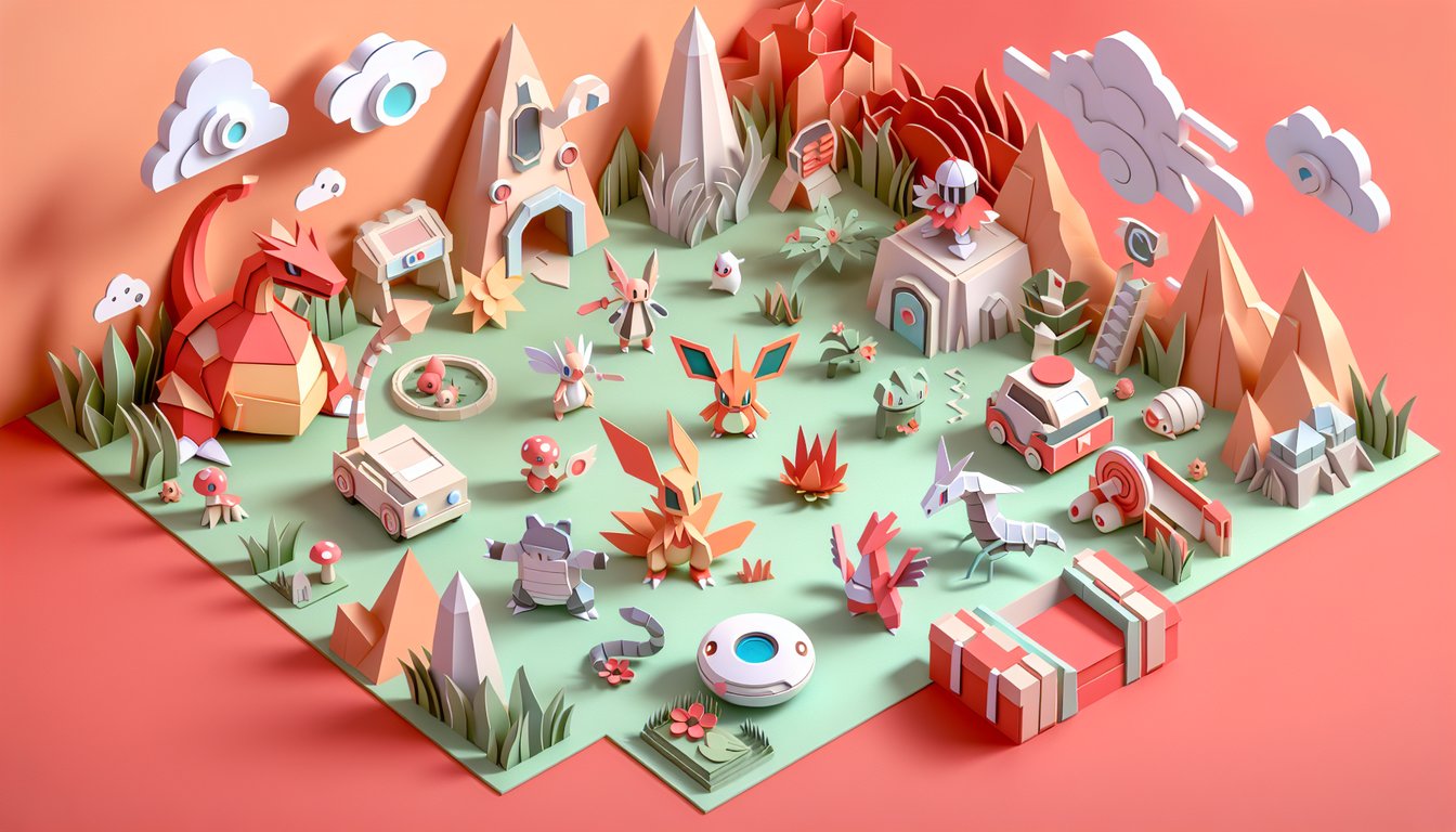 Paper art illustration for Gen 1 Pokmon knowledge quiz on a coral background