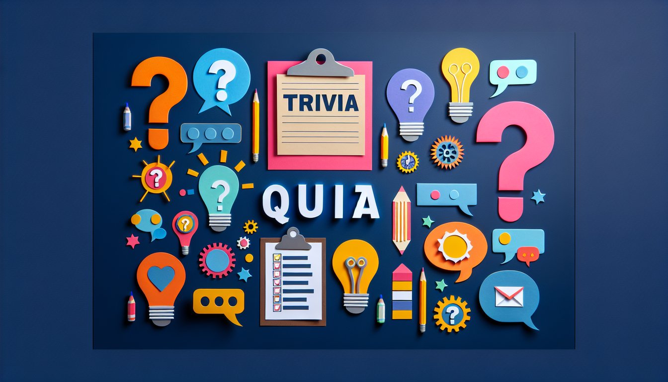 Colorful paper art depicting elements related to a Team Meeting Trivia Quiz.