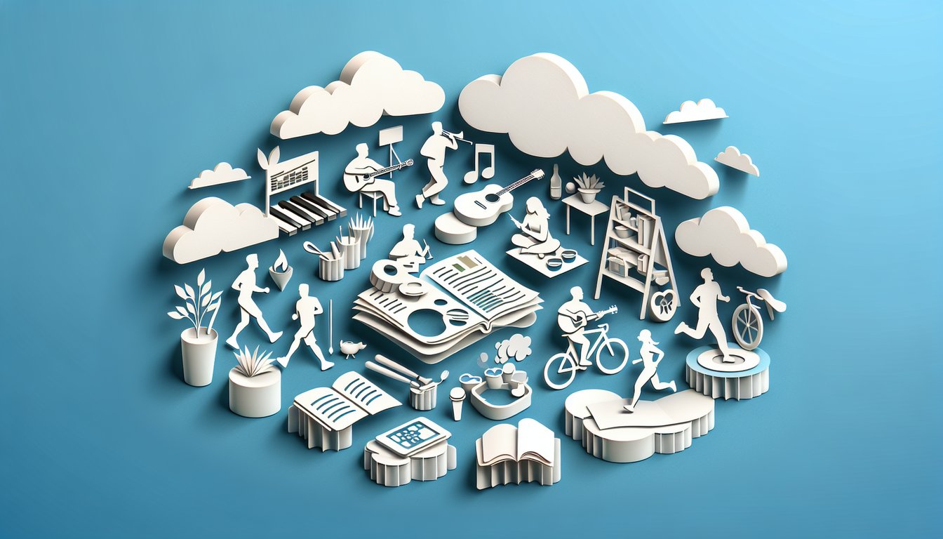 Paper art illustration for hobby quiz on a sky blue background