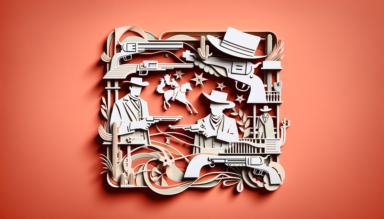 Paper art illustration for Tombstone movie trivia quiz on a coral background