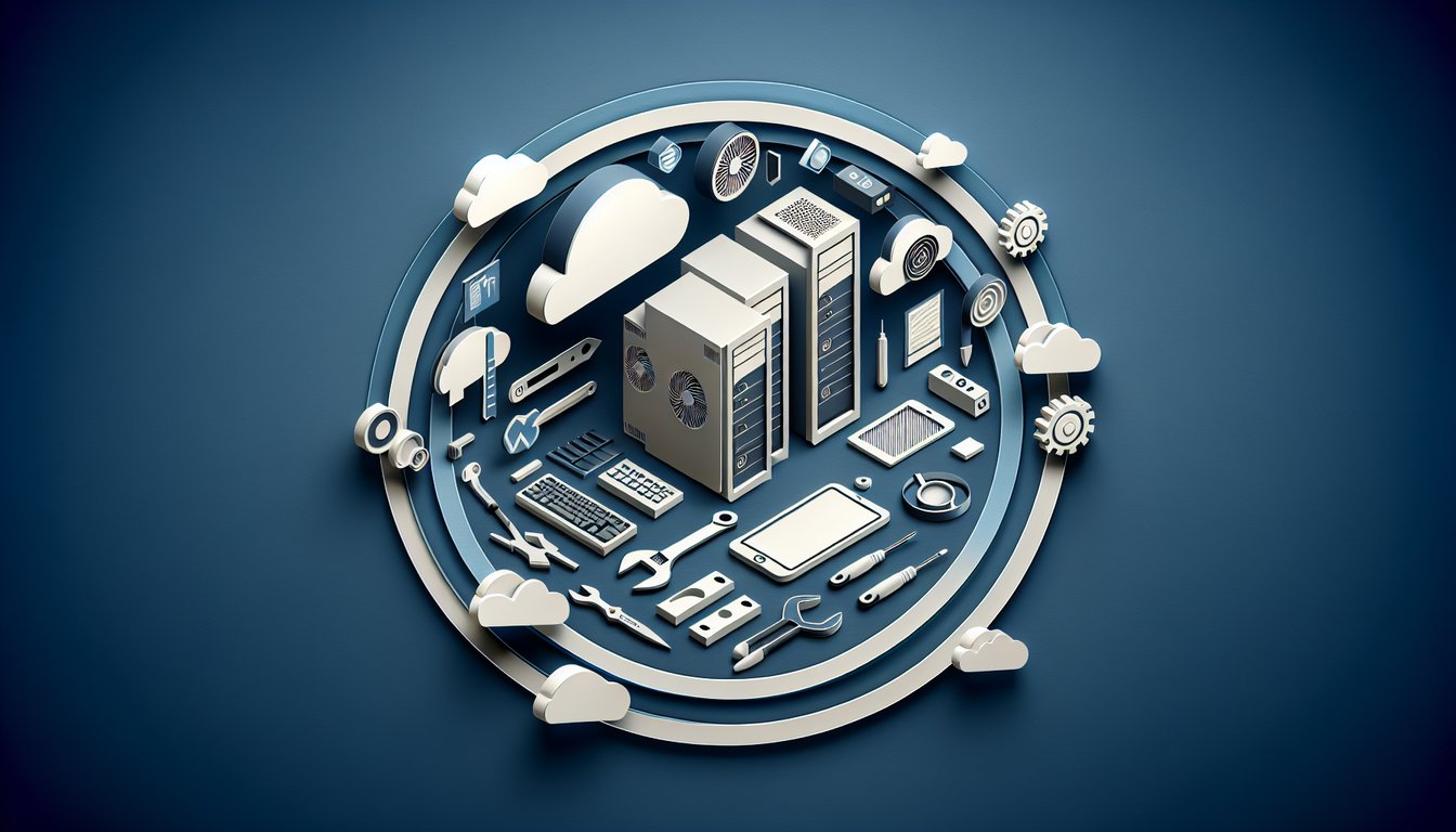 Paper art style hardware tool icons laptop hard drive cloud backup on dark blue background for IT essentials quiz