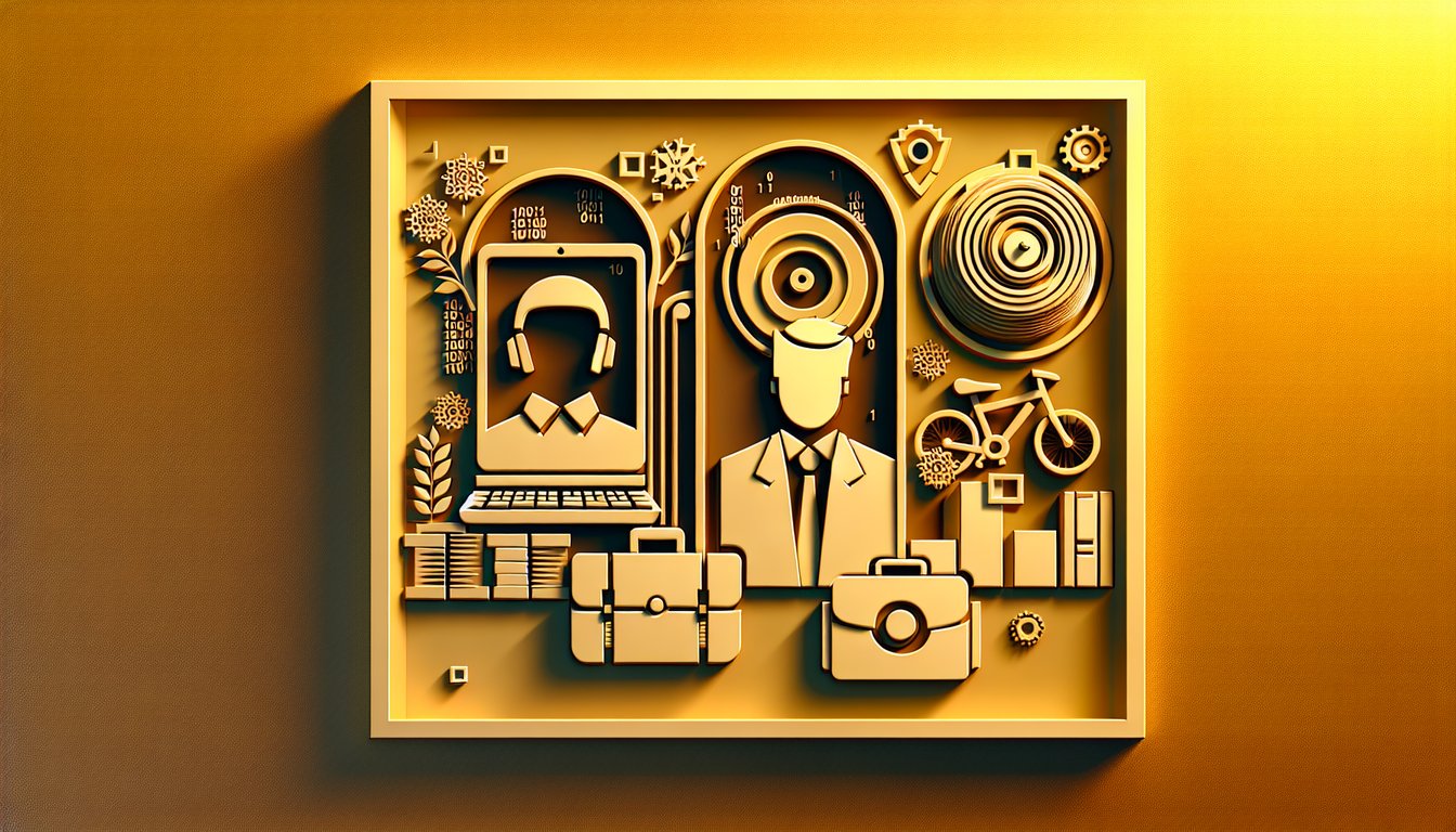 paper art collage hacker with code bits, hustler with briefcase, hipster with coffee cup on yellow background.